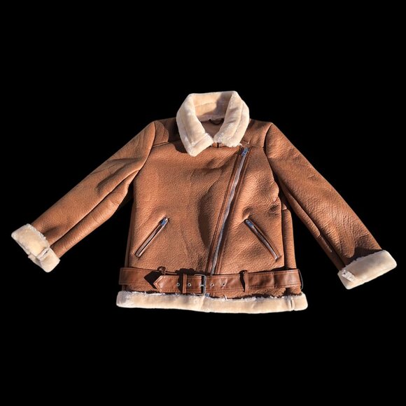 Women’s Brown Faux Leather Shearling Aviator Jacket - Faux Fur Winter Coat, M - Picture 3 of 10